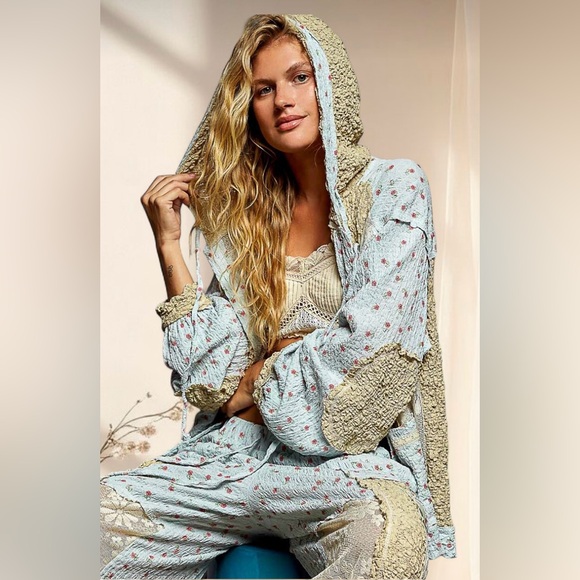 POL The Blossomcloud Hoodie | Crinkle Gauze Lace Floral Jacket in Powder Blue - Picture 1 of 9